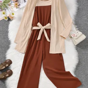 3PCS Girls Cotton Coat & Brown Jumpsuit with Bow Belt Set