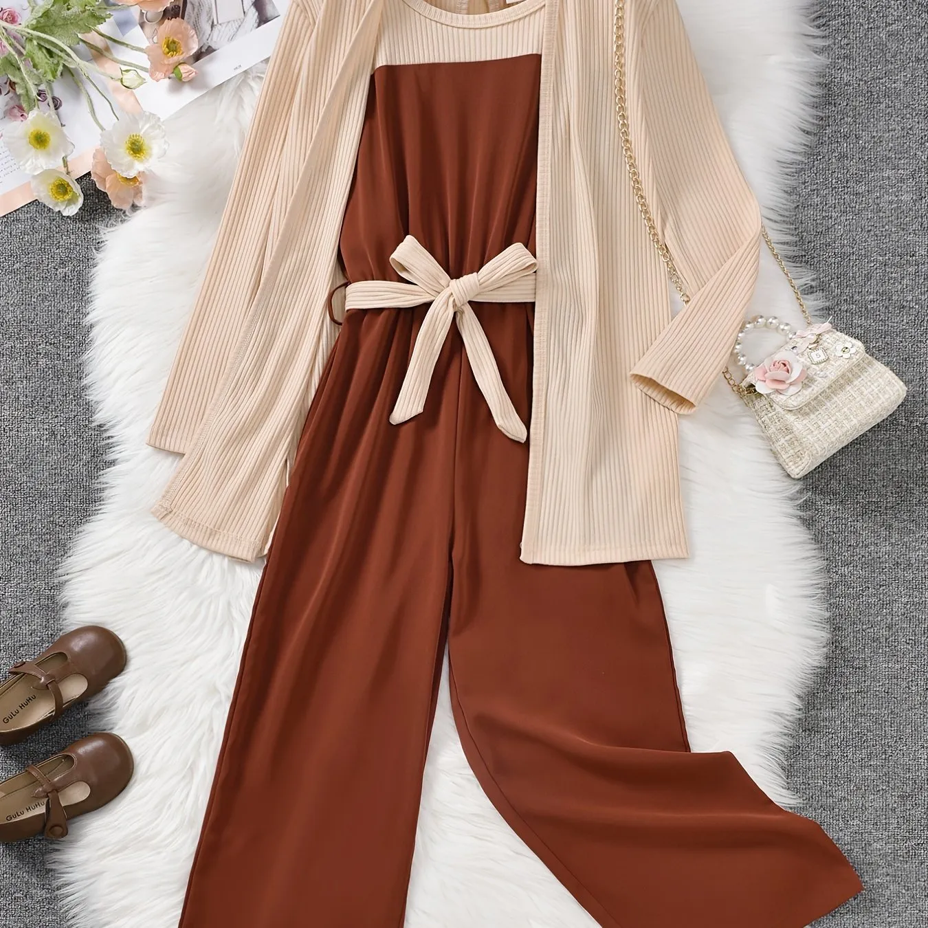 3PCS Girls Cotton Coat & Brown Jumpsuit with Bow Belt Set