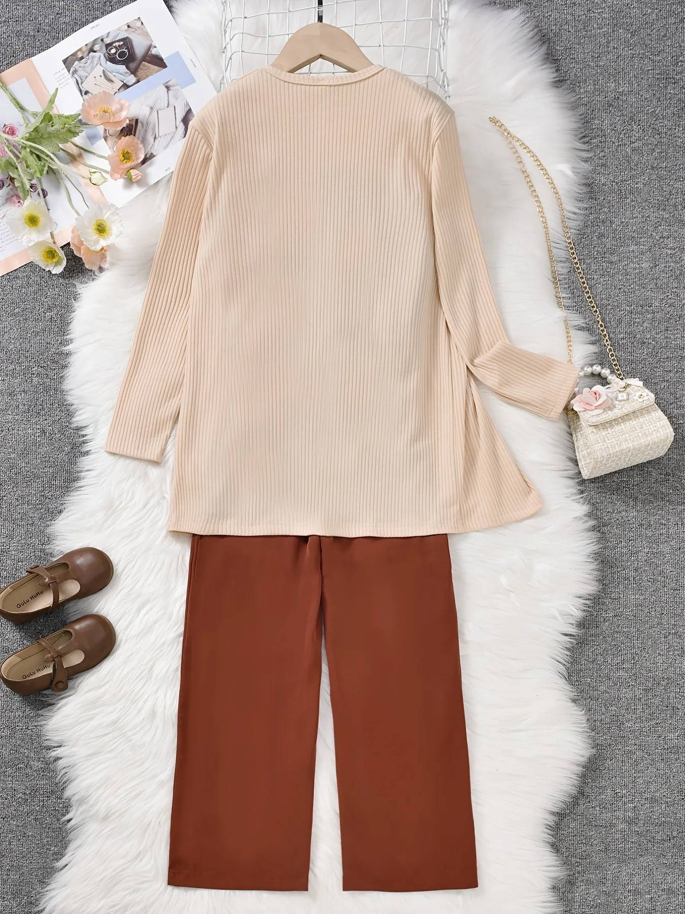 3PCS Girls Cotton Coat & Brown Jumpsuit with Bow Belt Set