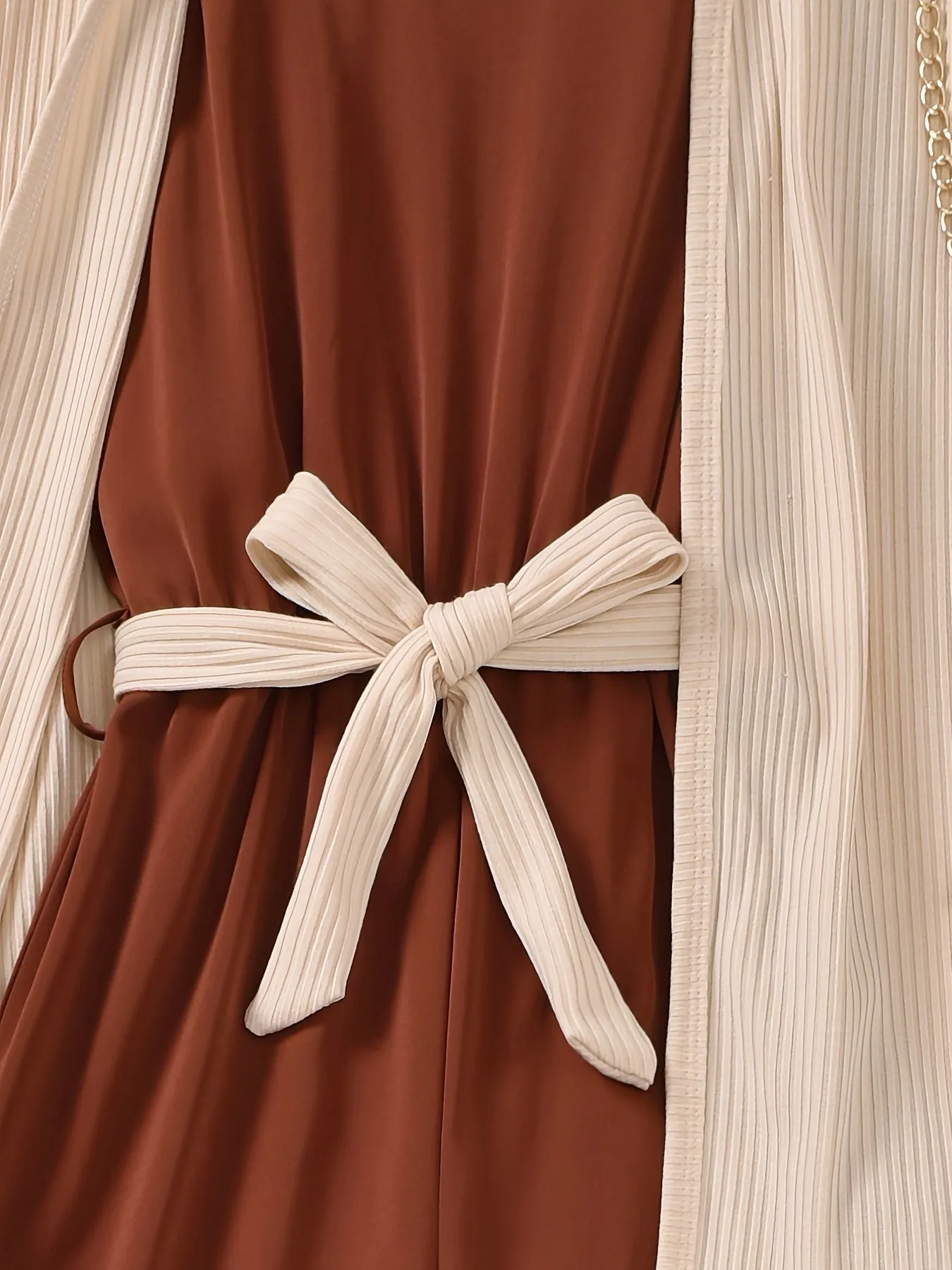 3PCS Girls Cotton Coat & Brown Jumpsuit with Bow Belt Set