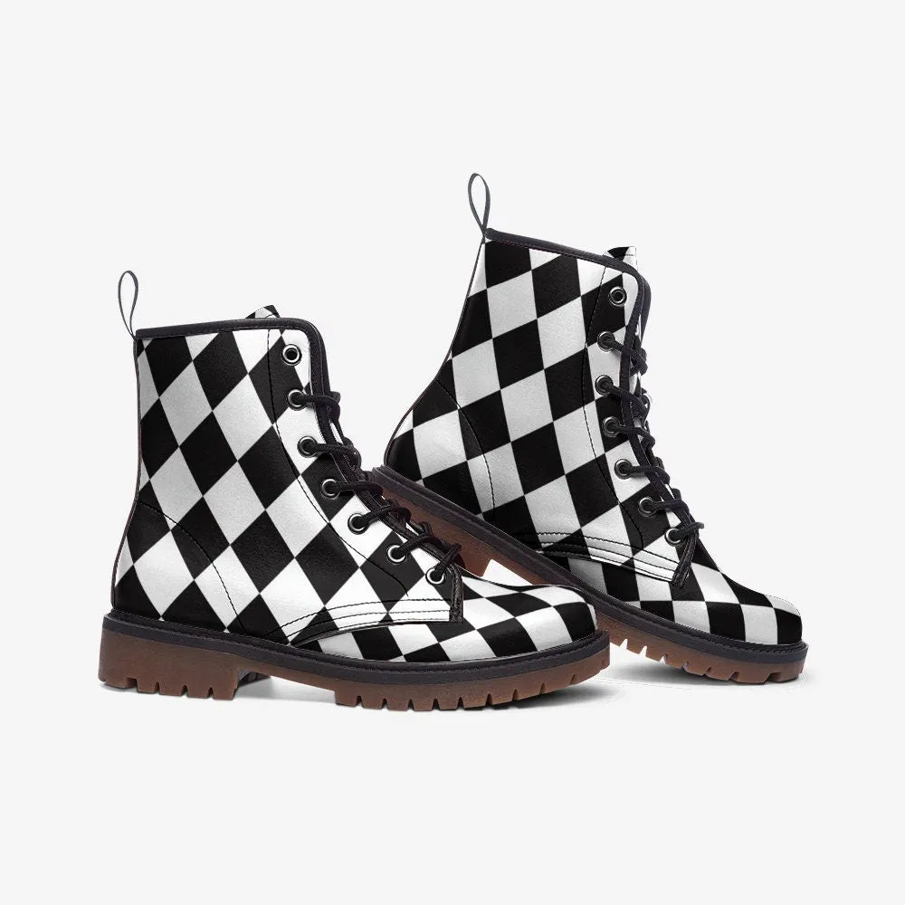 Alice Checkered Black & White Vegan Leather Unisex Boots