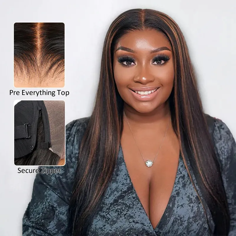 Ashimary PairUp Zippable Wig Highlight Straight Pre-Cut Lace Wig With Optional Replaceable Zip Lace Top 4 in 1
