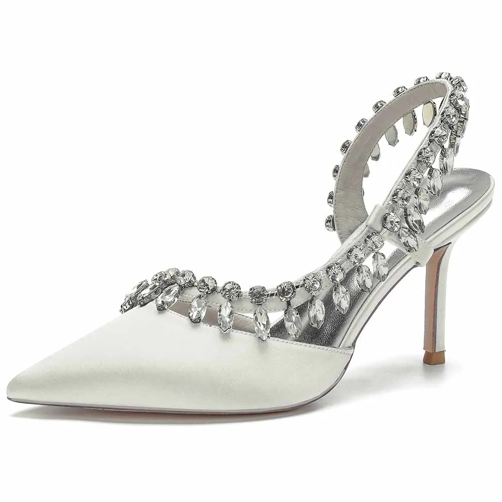 Beaded Wedding Satin Heels Ankle Strap Pumps Party Heels