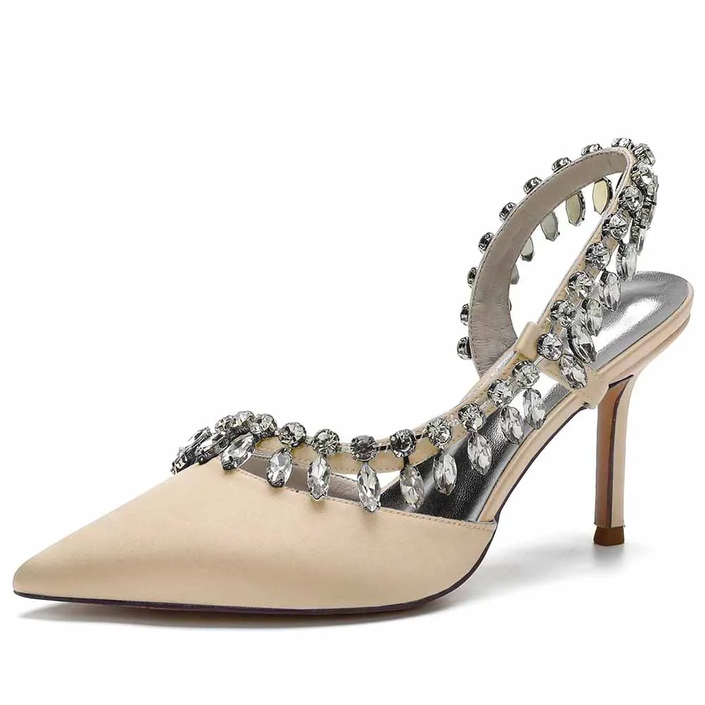 Beaded Wedding Satin Heels Ankle Strap Pumps Party Heels