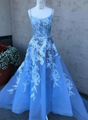 Blue Spaghetti Straps Tulle Lace Long Prom Dresses Affordable  Evening Dresses