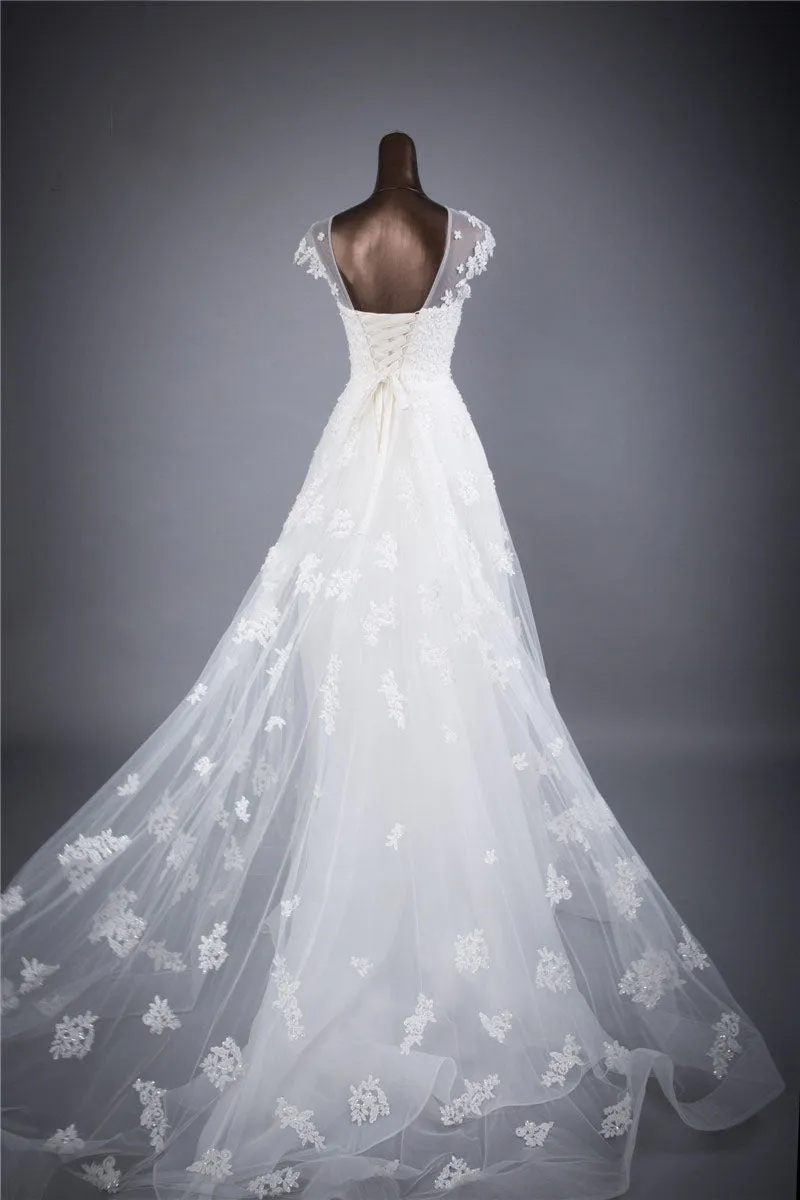 Cap Sleeves Charming Affordable Lace Up Back Long Wedding Dresses, BGW002