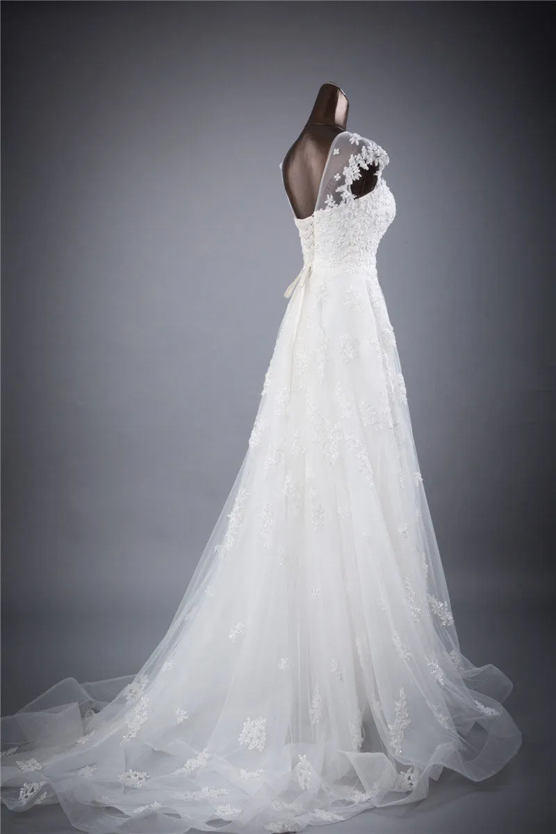 Cap Sleeves Charming Affordable Lace Up Back Long Wedding Dresses, BGW002