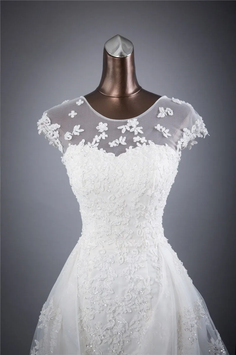 Cap Sleeves Charming Affordable Lace Up Back Long Wedding Dresses, BGW002