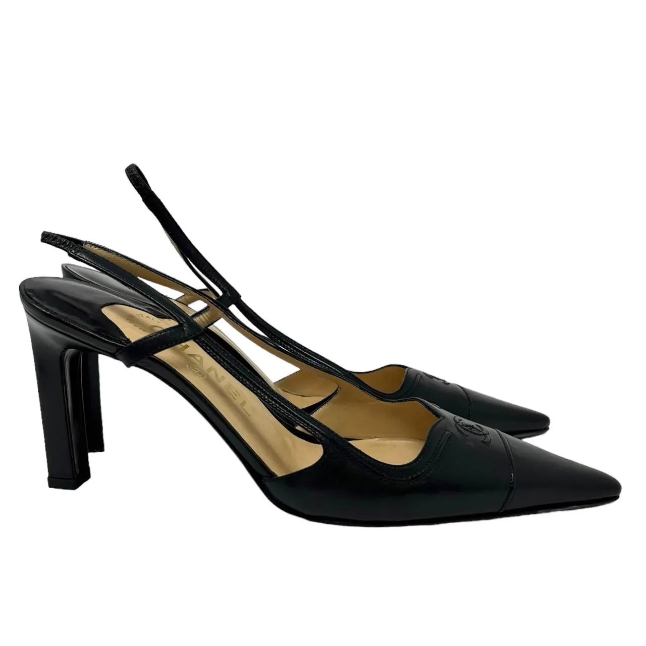 Chanel Black Logo Slingback Heels
