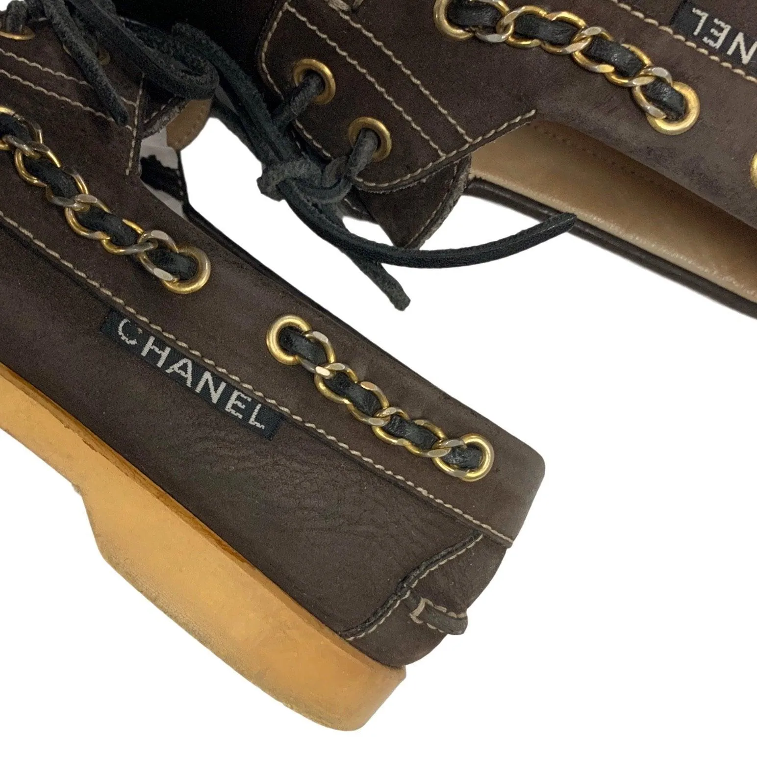 Chanel Brown Logo Chain Boat Shoes