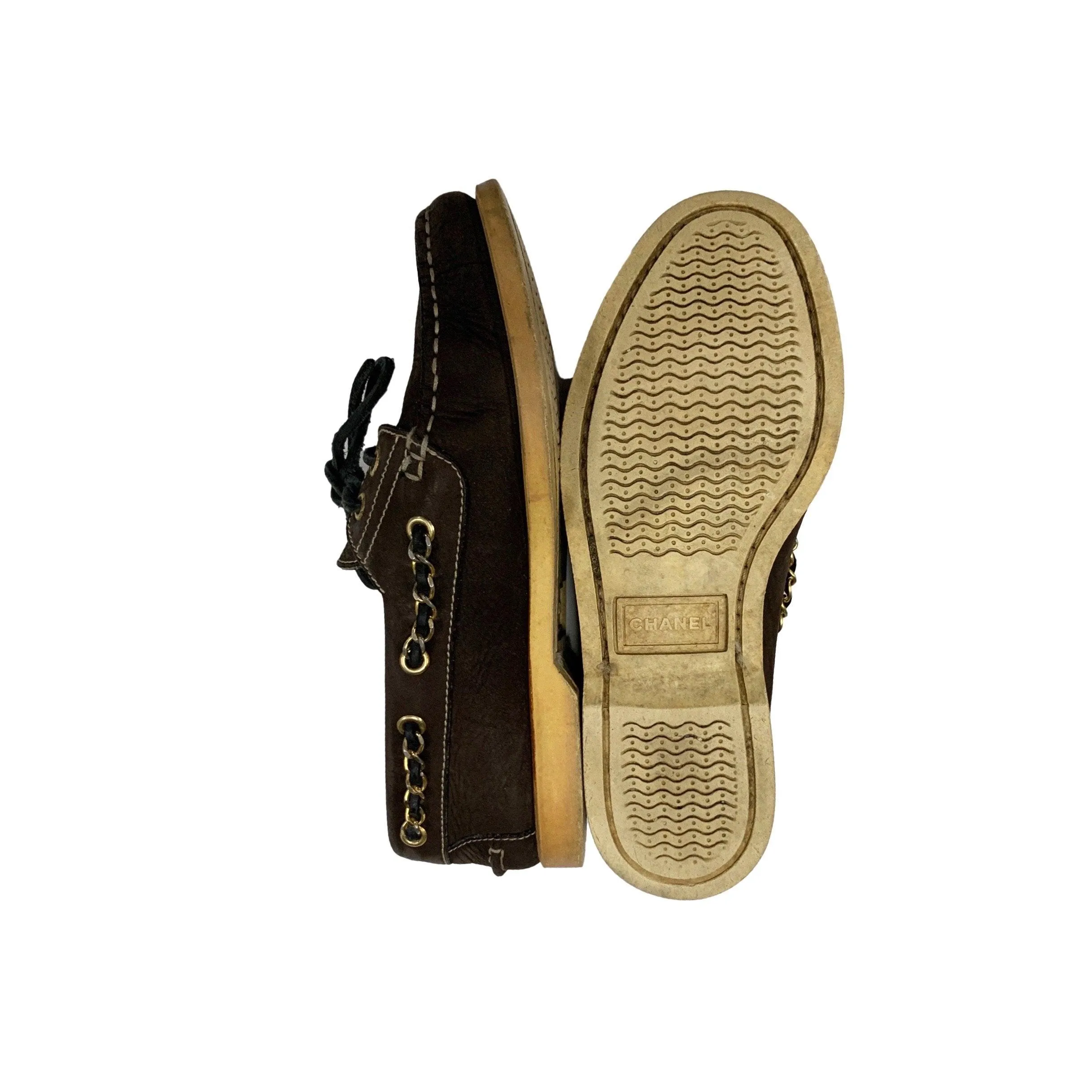 Chanel Brown Logo Chain Boat Shoes