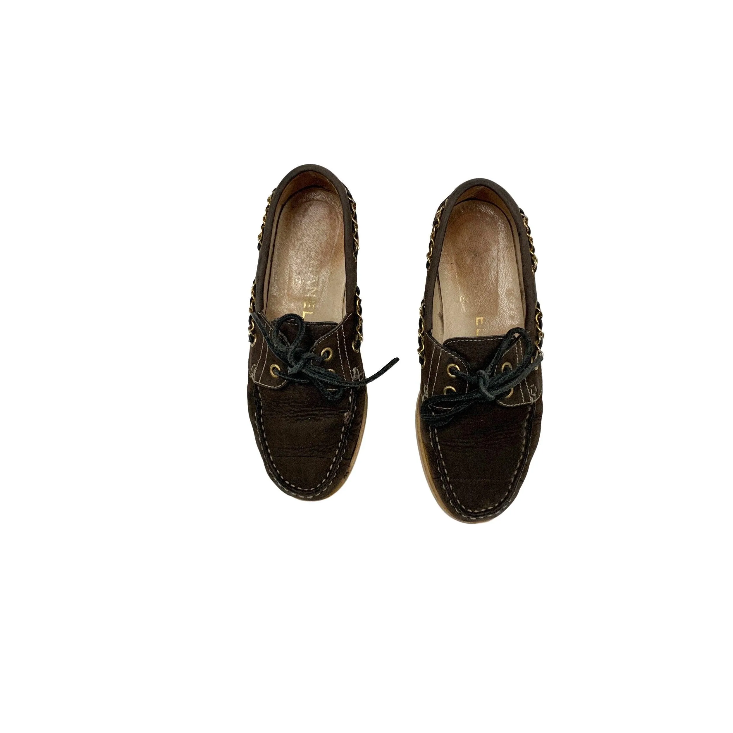Chanel Brown Logo Chain Boat Shoes