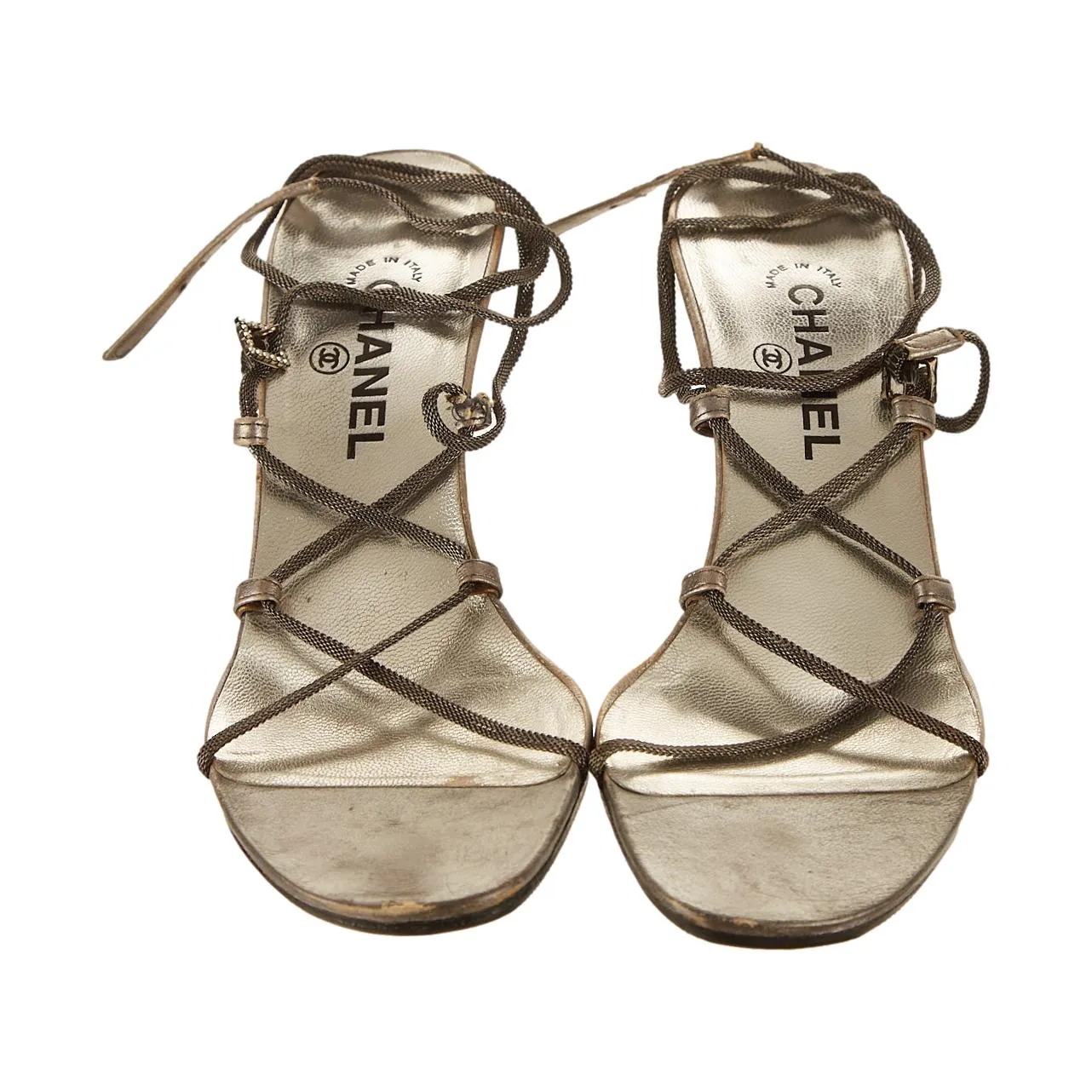 Chanel Silver Tie Up Logo Heels