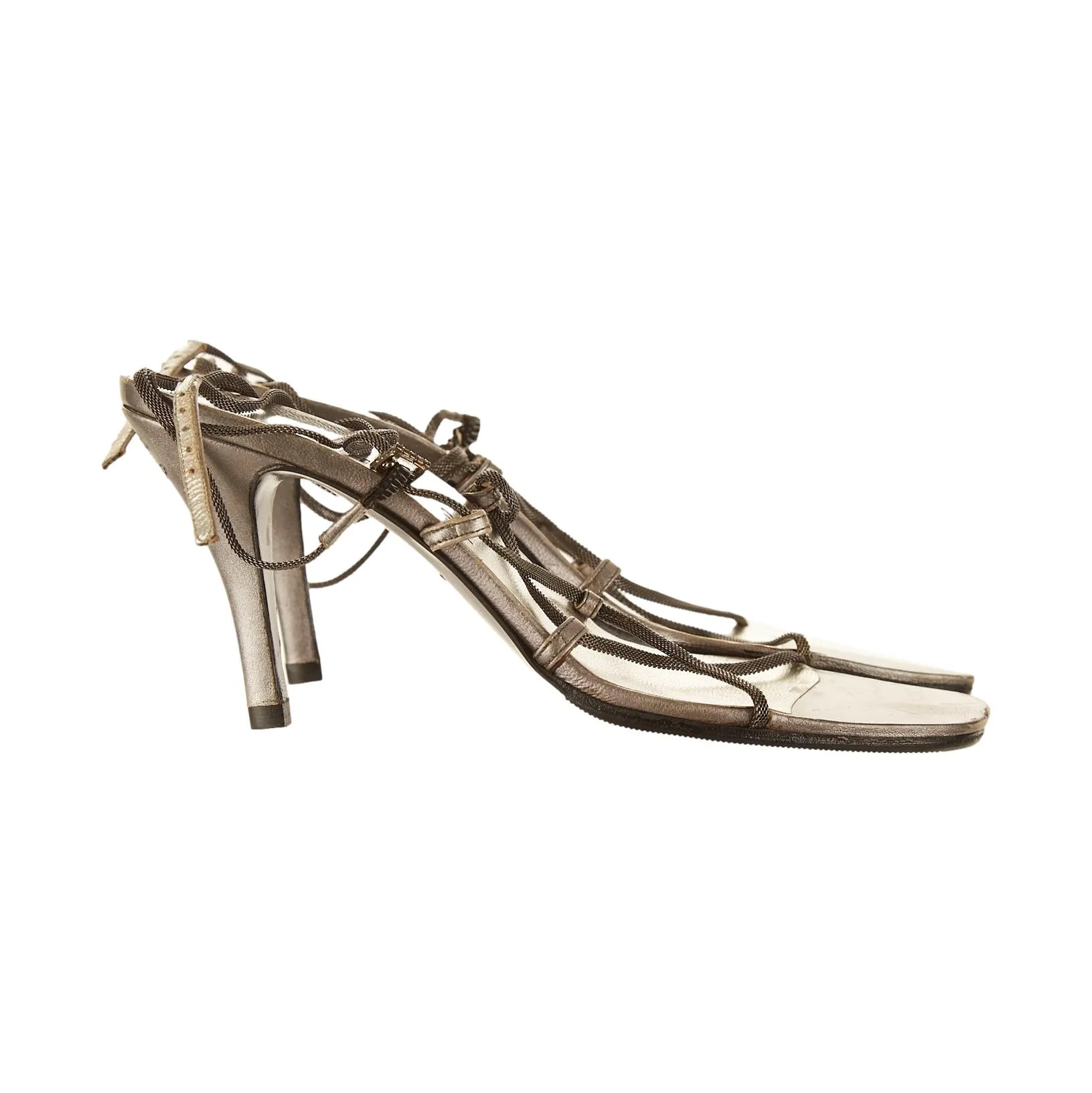 Chanel Silver Tie Up Logo Heels