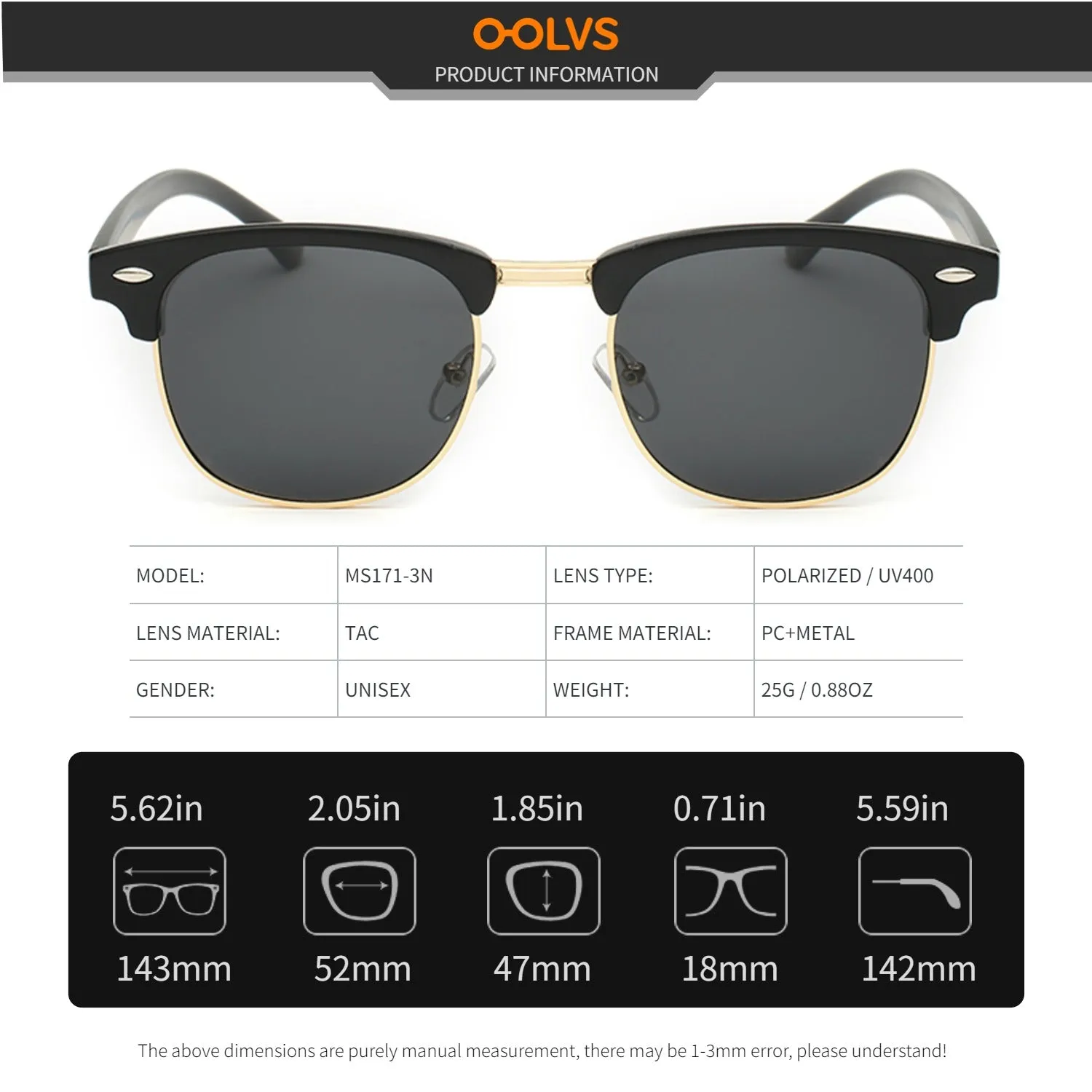 Classic Polarized Sunglasses Acetate Metal Frame UV400 Lens Vintage Driving Hiking Sun Glasses Men Women Gafas De Sol OOLVS MS171-2N/3N