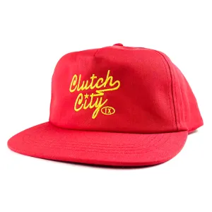 Clutch Script | Unstructured 5-Panel Snapback Cap (Red)