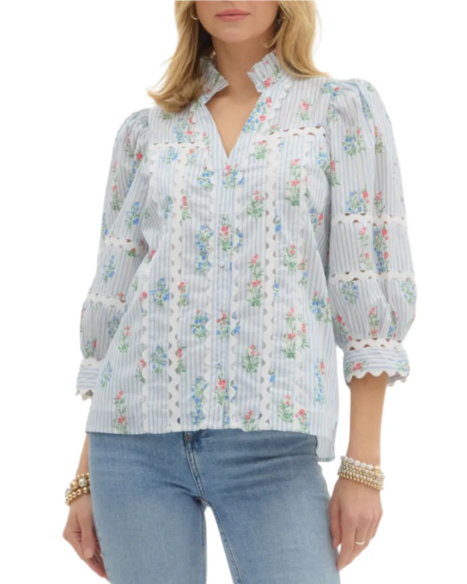 Cottage Garden V Neck Blouse - Light Blue