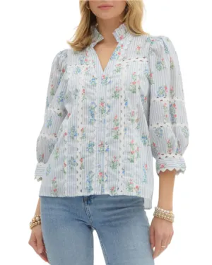 Cottage Garden V Neck Blouse - Light Blue