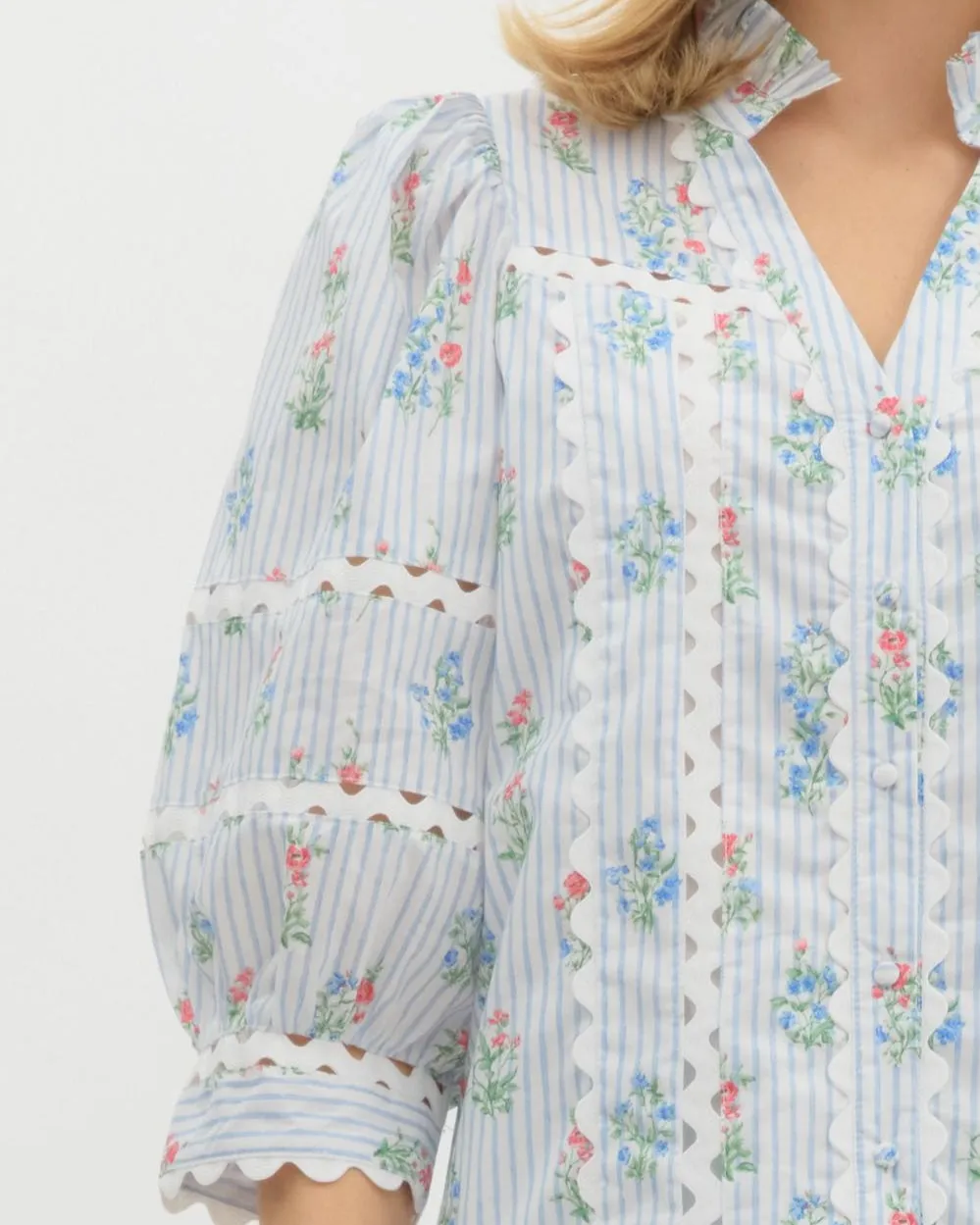 Cottage Garden V Neck Blouse - Light Blue
