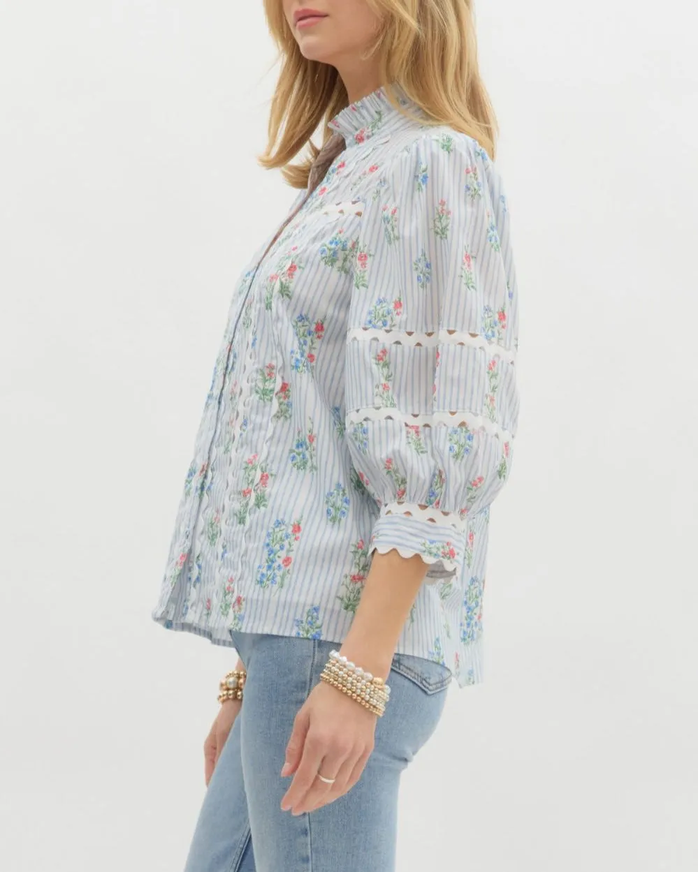 Cottage Garden V Neck Blouse - Light Blue