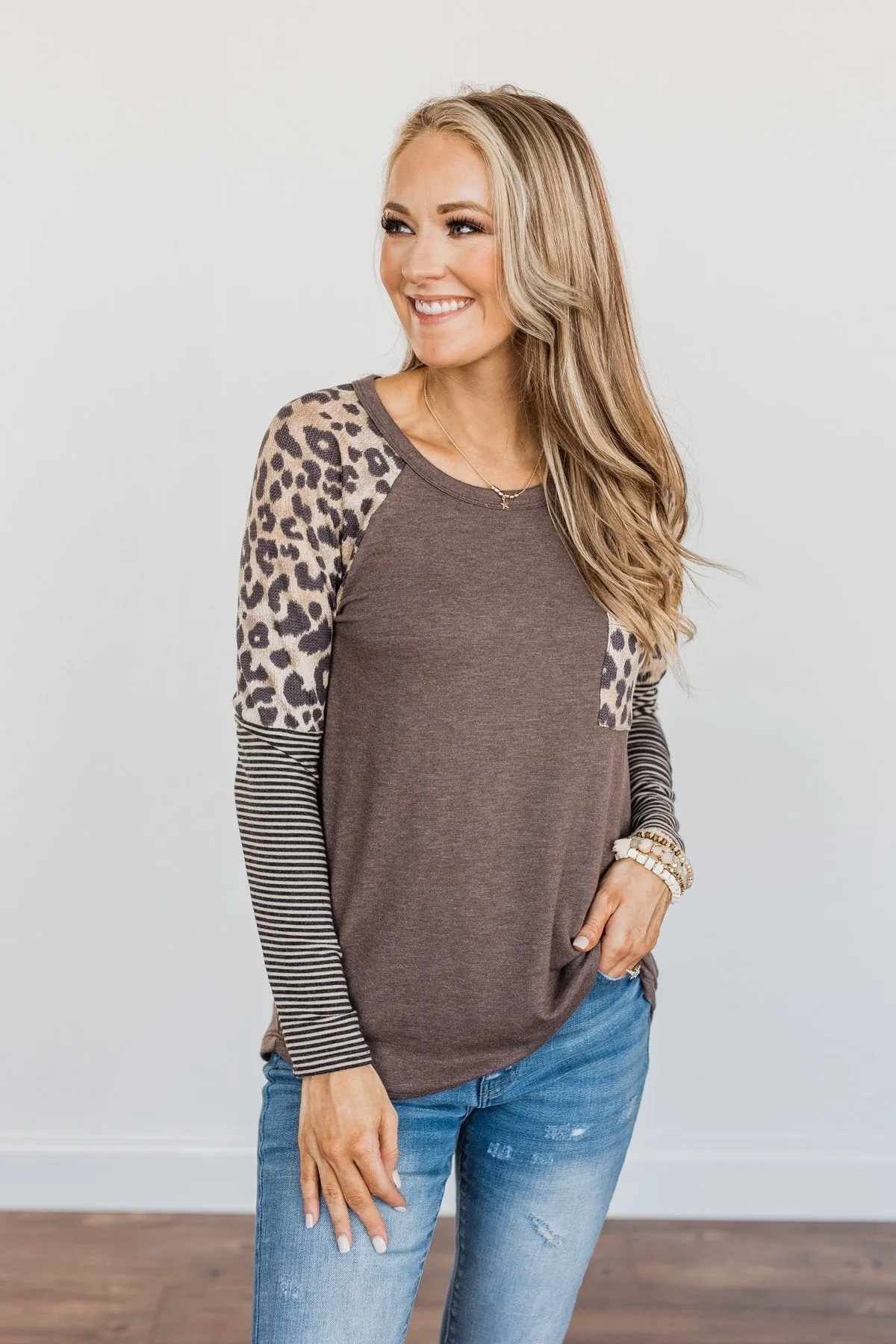 Dreaming About Us Leopard Pocket Top- Brown