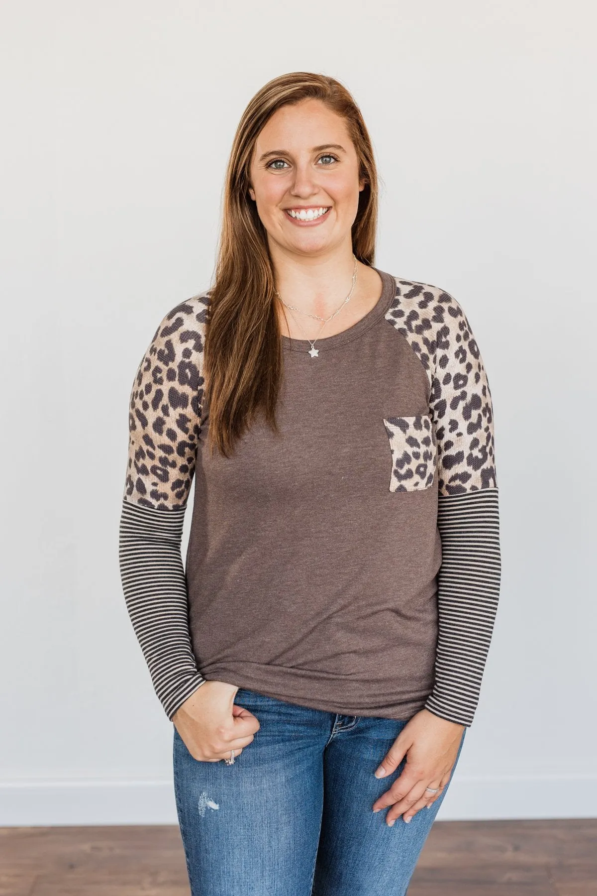 Dreaming About Us Leopard Pocket Top- Brown