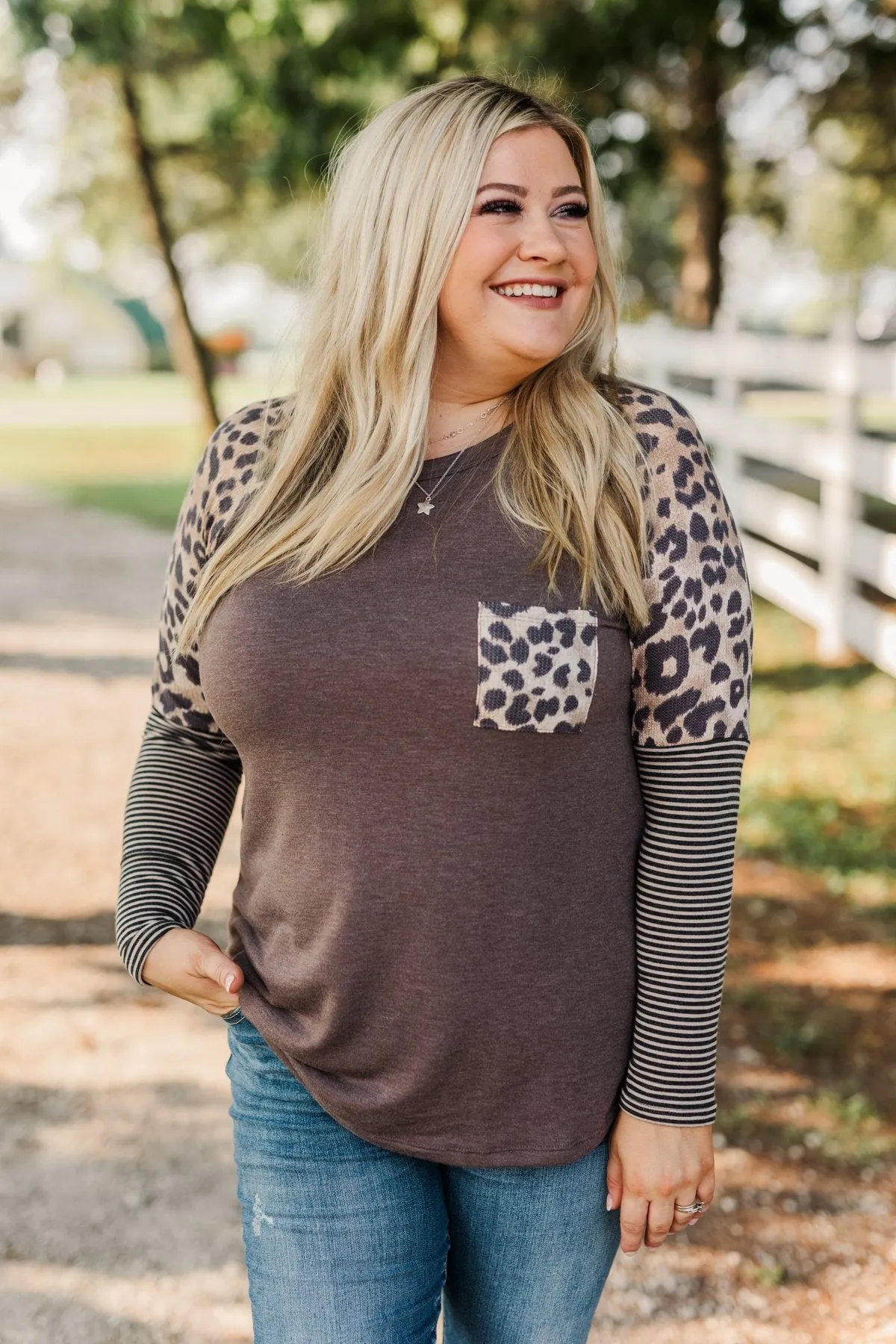 Dreaming About Us Leopard Pocket Top- Brown