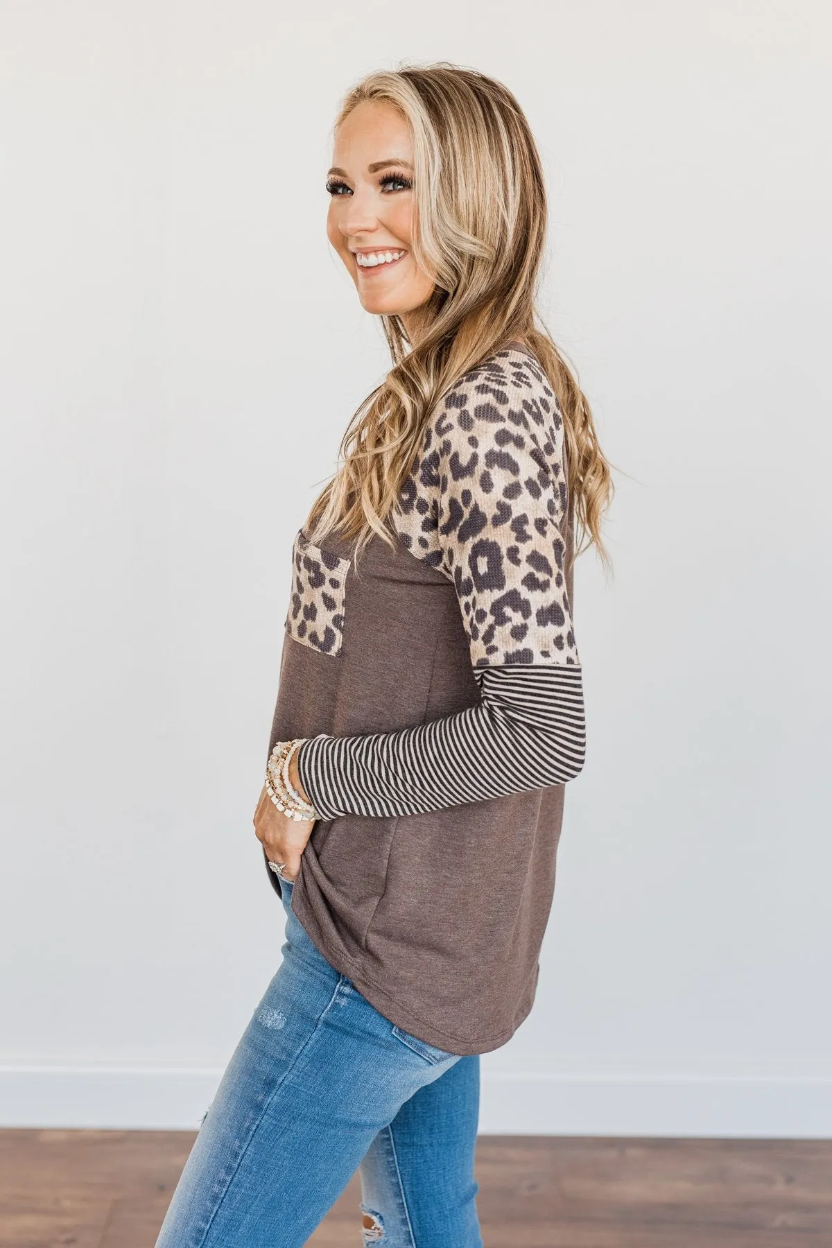 Dreaming About Us Leopard Pocket Top- Brown