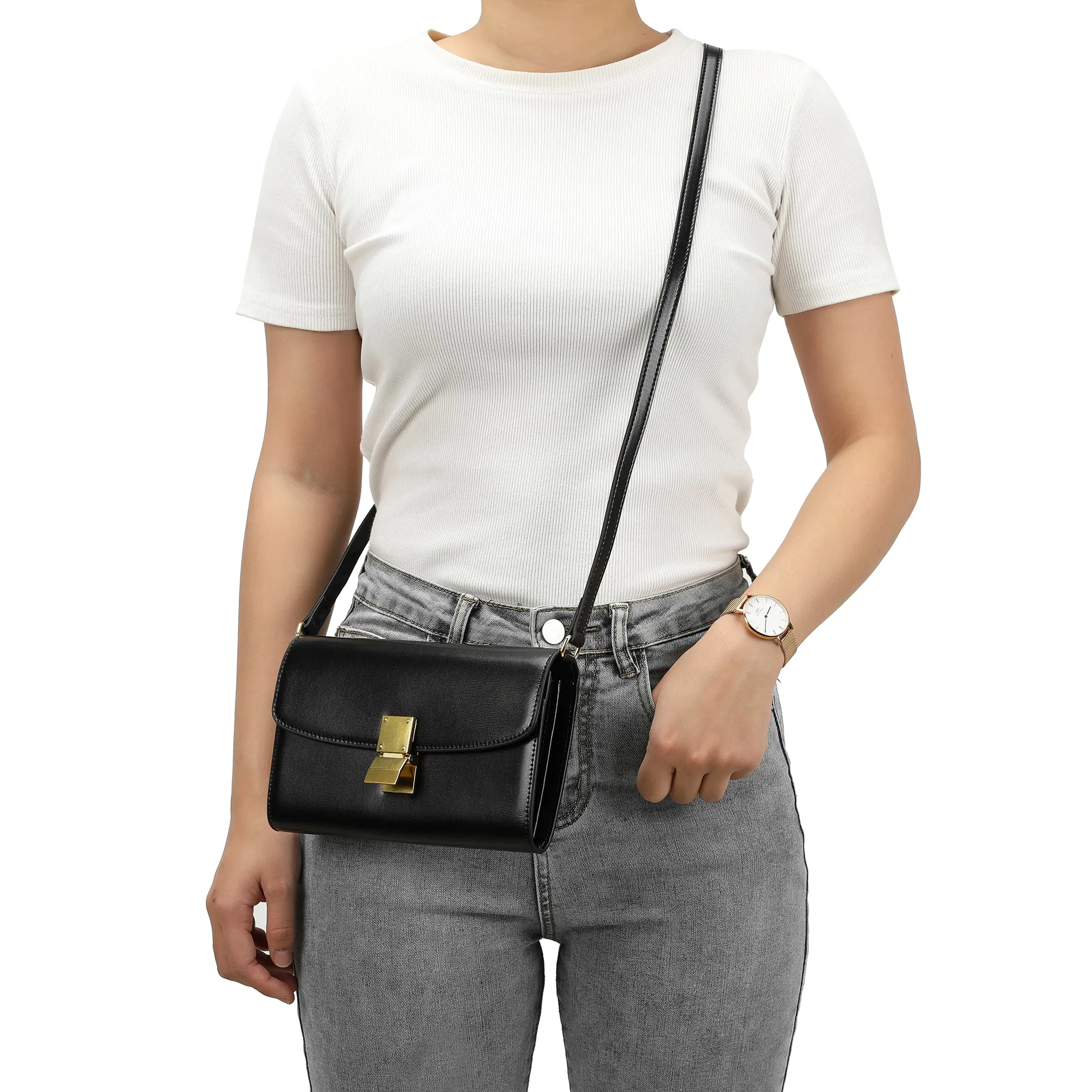 Elegant Structured Crossbody Bag with Gold-Tone Lock