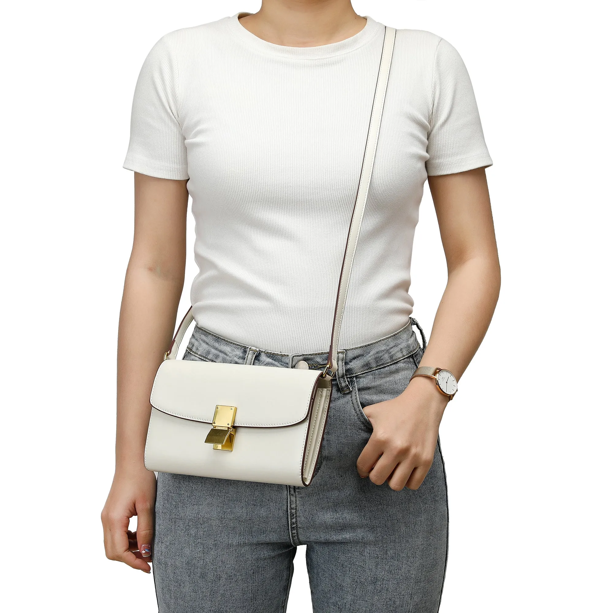 Elegant Structured Crossbody Bag with Gold-Tone Lock