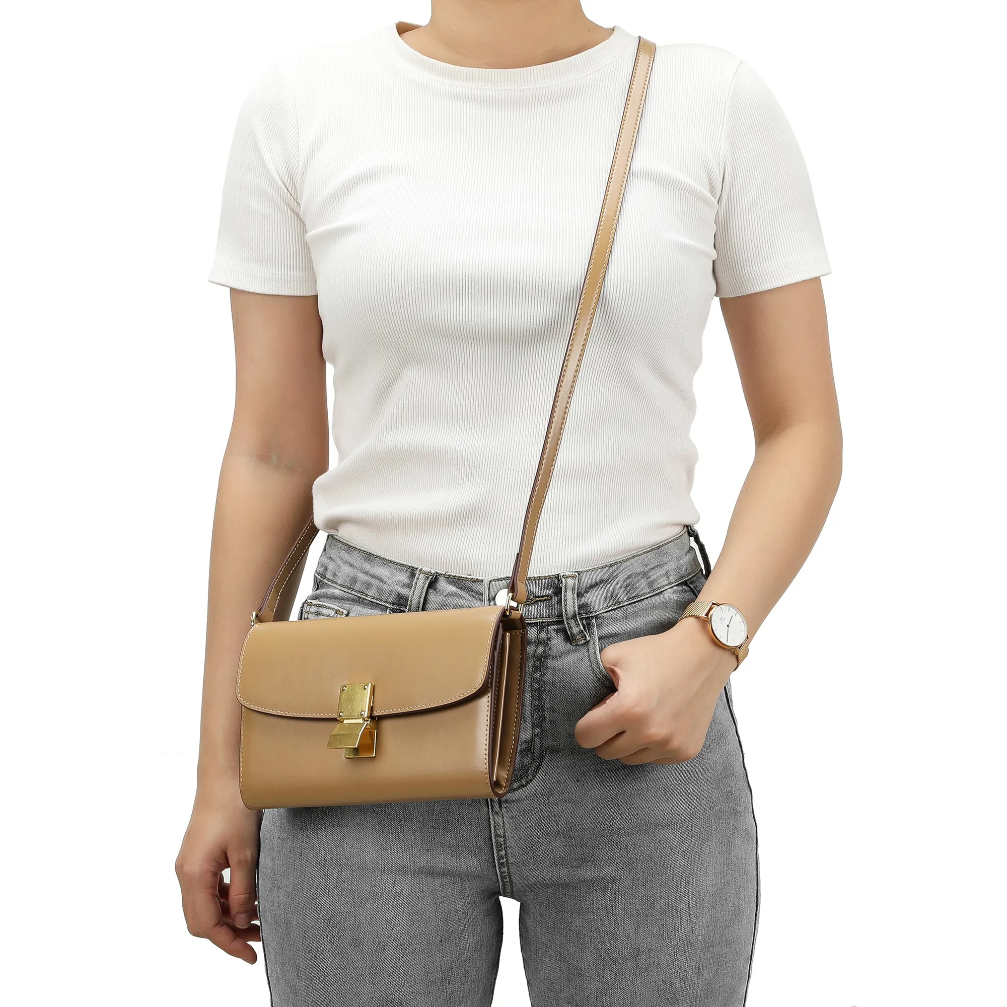 Elegant Structured Crossbody Bag with Gold-Tone Lock