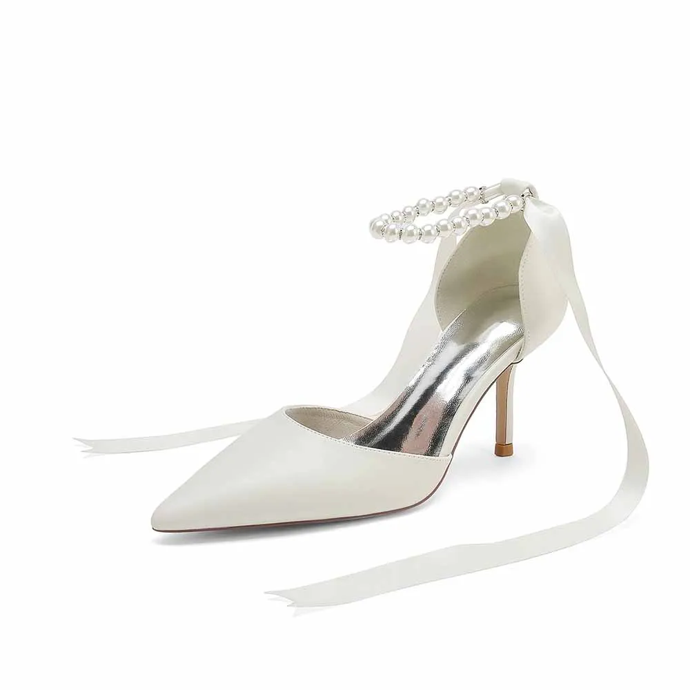 Faux Leather Pearl Lace-up Ankle Strap Pumps White Party Heel Shoes