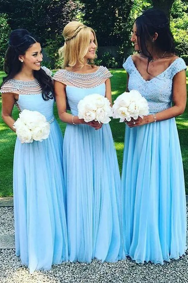 Floor-Length Cap Sleeves Open Back Blue Bridesmaid Dress with Beading BD002