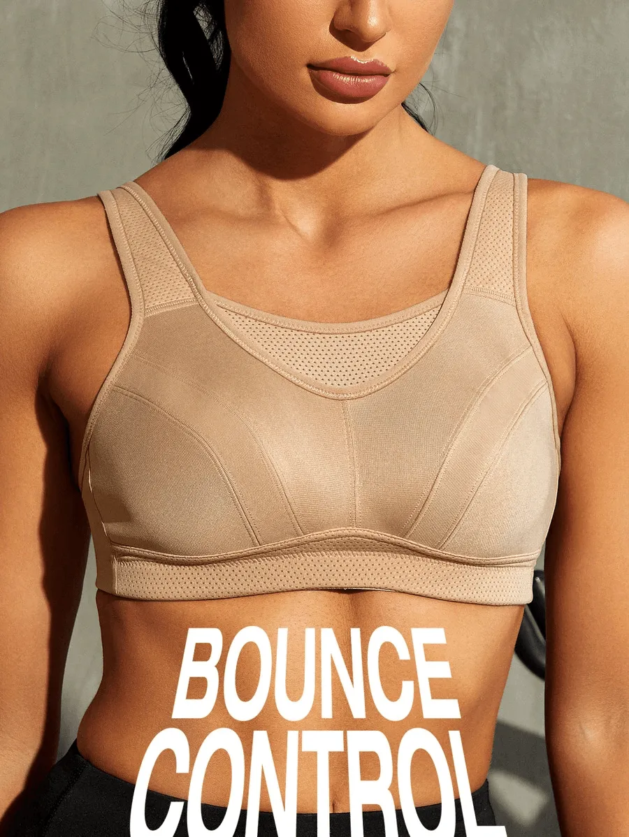 Full Coverage High Support Solid Stress Reliever Sports Bra Nude