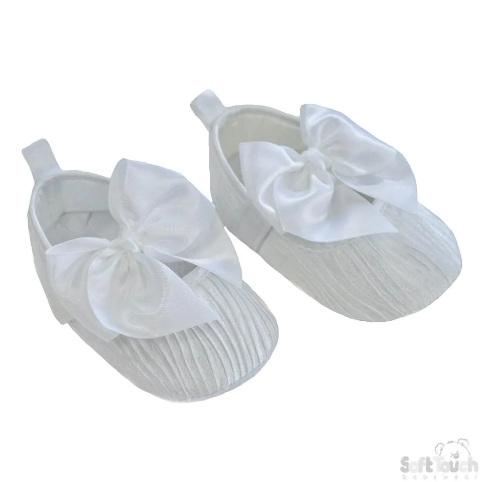 Girls Wrinkled Satin Shoes W/Velcro Fastener & Large Satin Bow: B2226-W