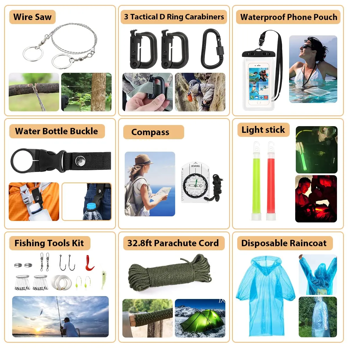 HIHEGD Survival Kit with 250Pcs Survival First Aid outfit for Earthquake, Outdoor Adventure, Hunting