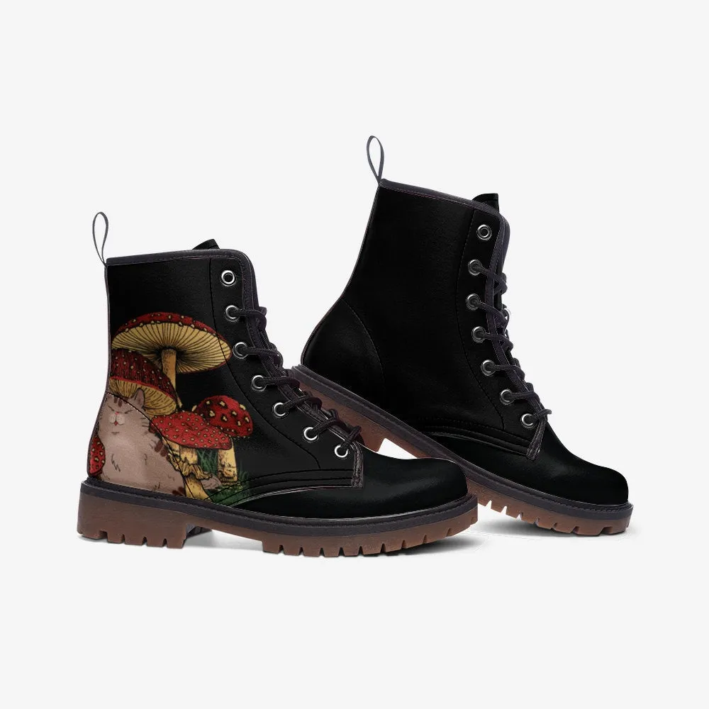 Kawaii Mushroom Black Vegan Leather Unisex Boots
