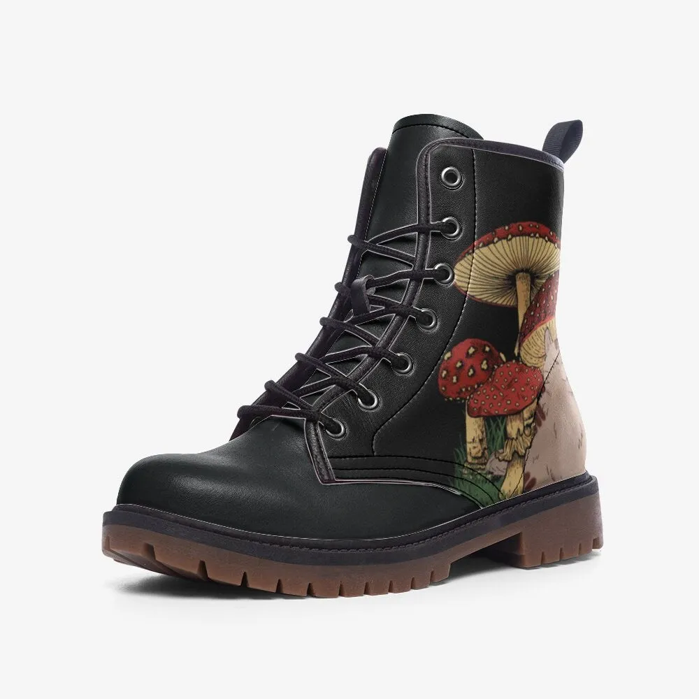 Kawaii Mushroom Black Vegan Leather Unisex Boots