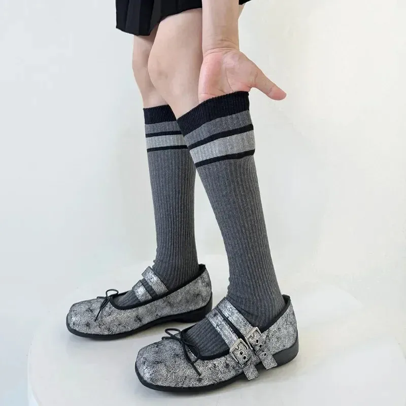 Korean Striped Calf Socks Cotton Colorblocked Knee Socks High Breathable Sport Cycling Mid-calf Socks