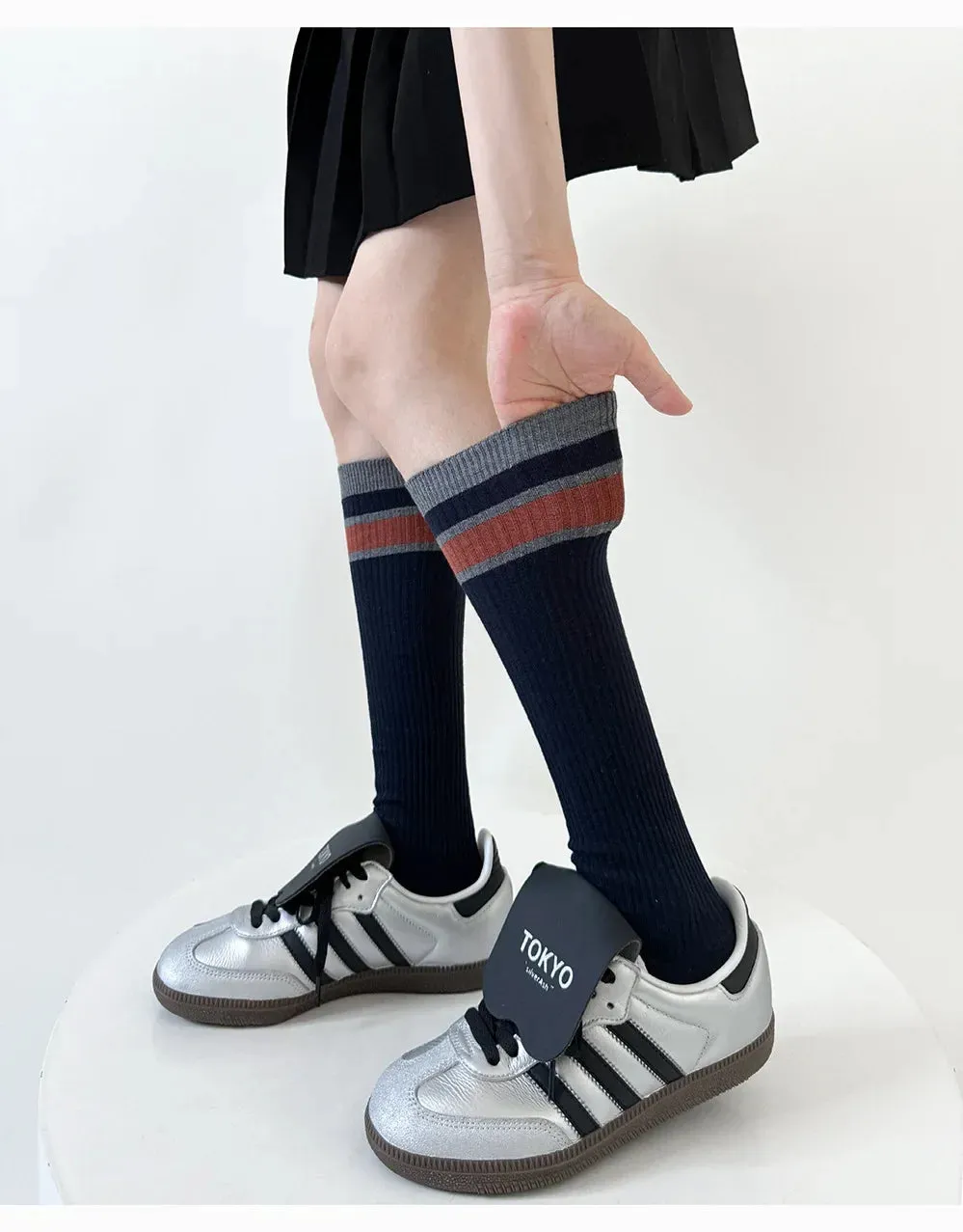 Korean Striped Calf Socks Cotton Colorblocked Knee Socks High Breathable Sport Cycling Mid-calf Socks