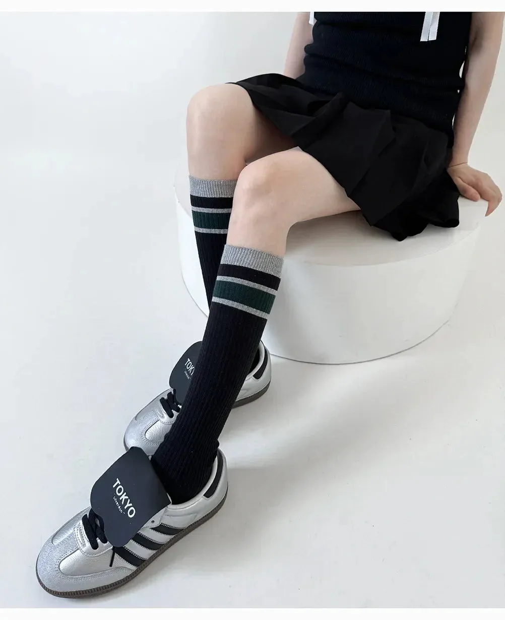 Korean Striped Calf Socks Cotton Colorblocked Knee Socks High Breathable Sport Cycling Mid-calf Socks