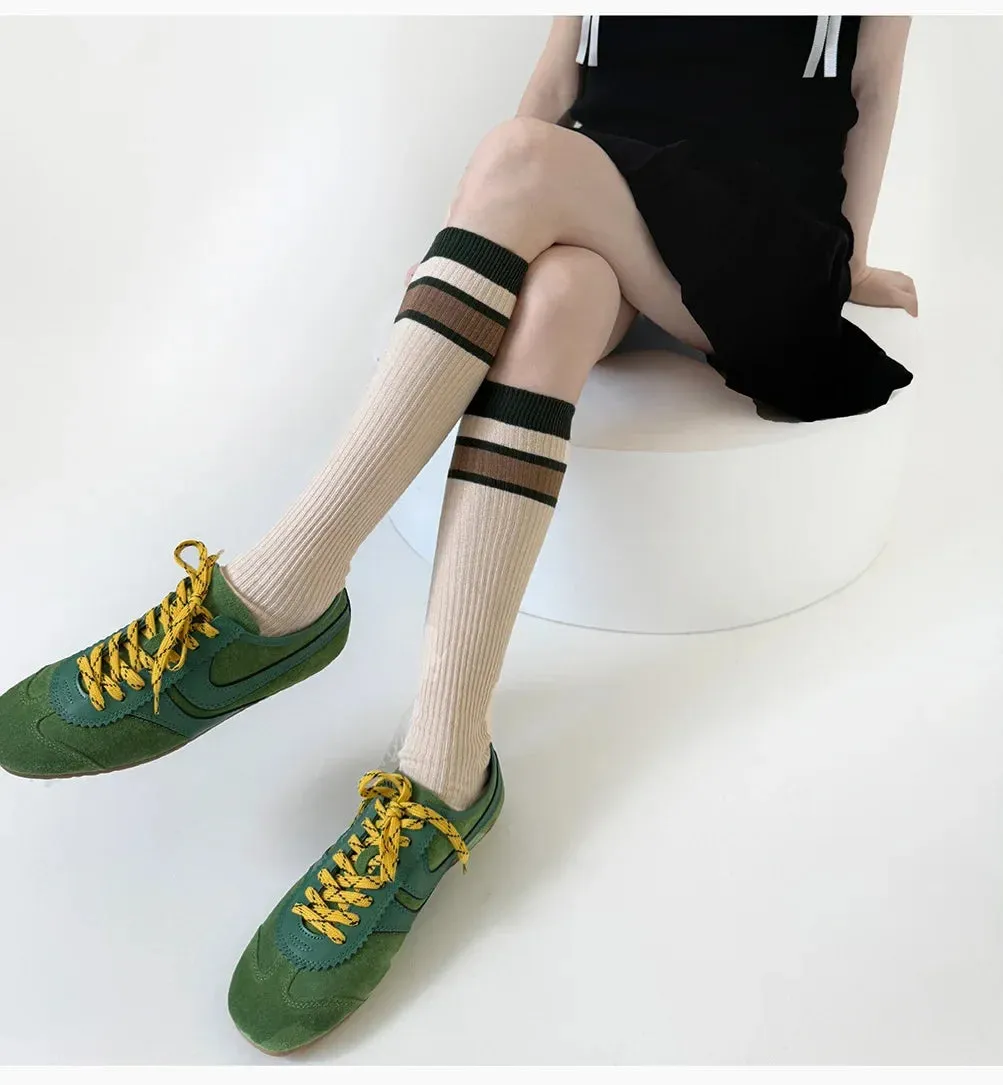 Korean Striped Calf Socks Cotton Colorblocked Knee Socks High Breathable Sport Cycling Mid-calf Socks