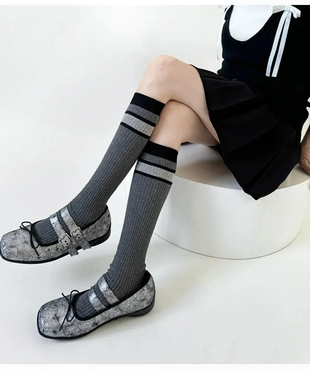 Korean Striped Calf Socks Cotton Colorblocked Knee Socks High Breathable Sport Cycling Mid-calf Socks