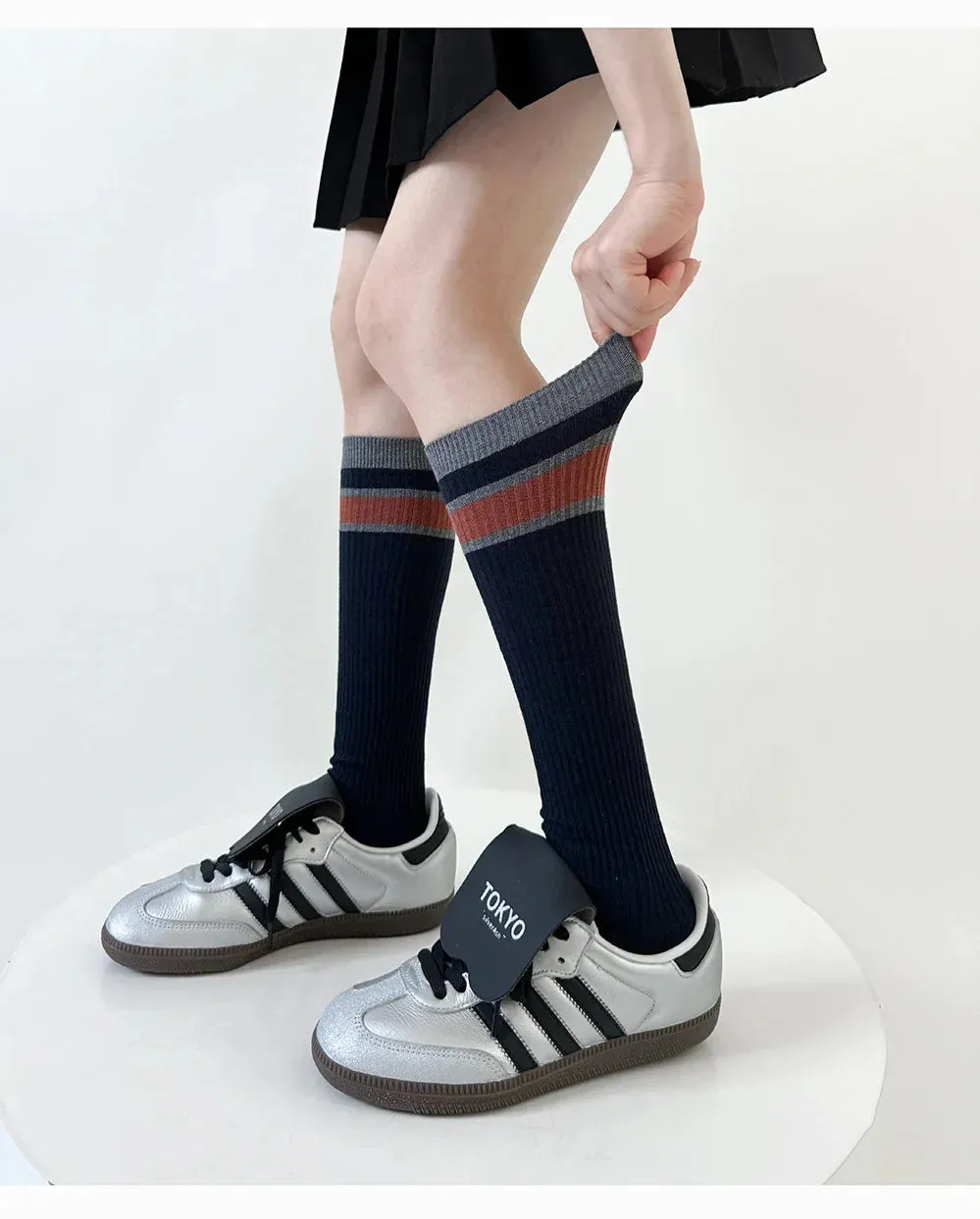 Korean Striped Calf Socks Cotton Colorblocked Knee Socks High Breathable Sport Cycling Mid-calf Socks