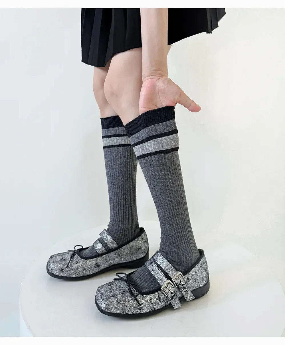 Korean Striped Calf Socks Cotton Colorblocked Knee Socks High Breathable Sport Cycling Mid-calf Socks