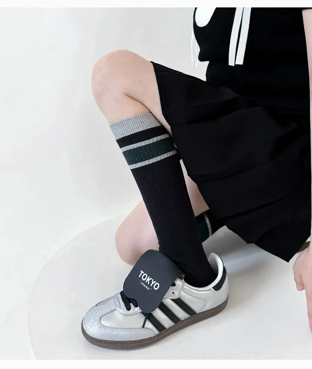 Korean Striped Calf Socks Cotton Colorblocked Knee Socks High Breathable Sport Cycling Mid-calf Socks