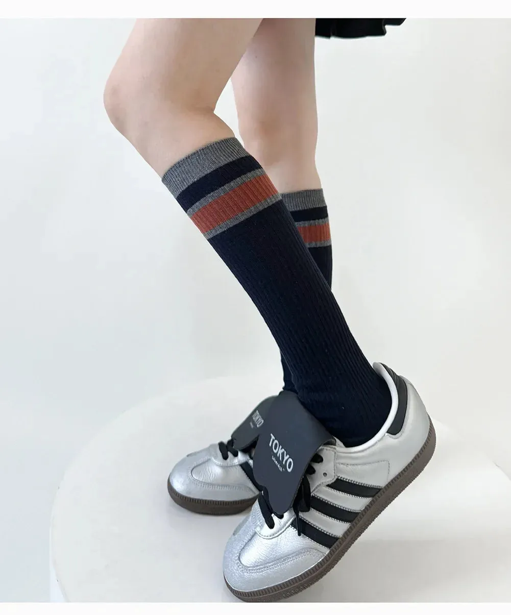 Korean Striped Calf Socks Cotton Colorblocked Knee Socks High Breathable Sport Cycling Mid-calf Socks