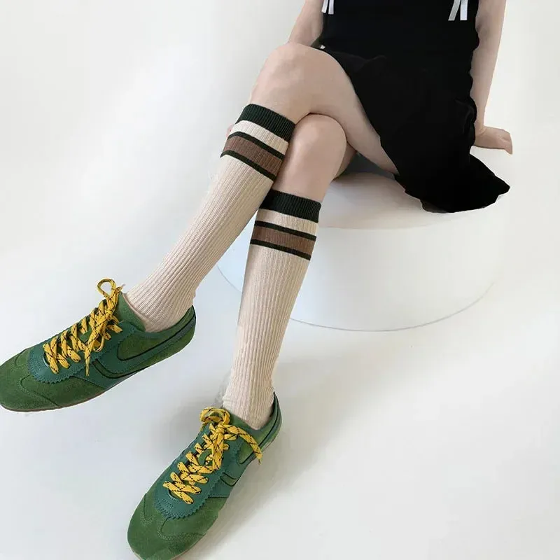 Korean Striped Calf Socks Cotton Colorblocked Knee Socks High Breathable Sport Cycling Mid-calf Socks