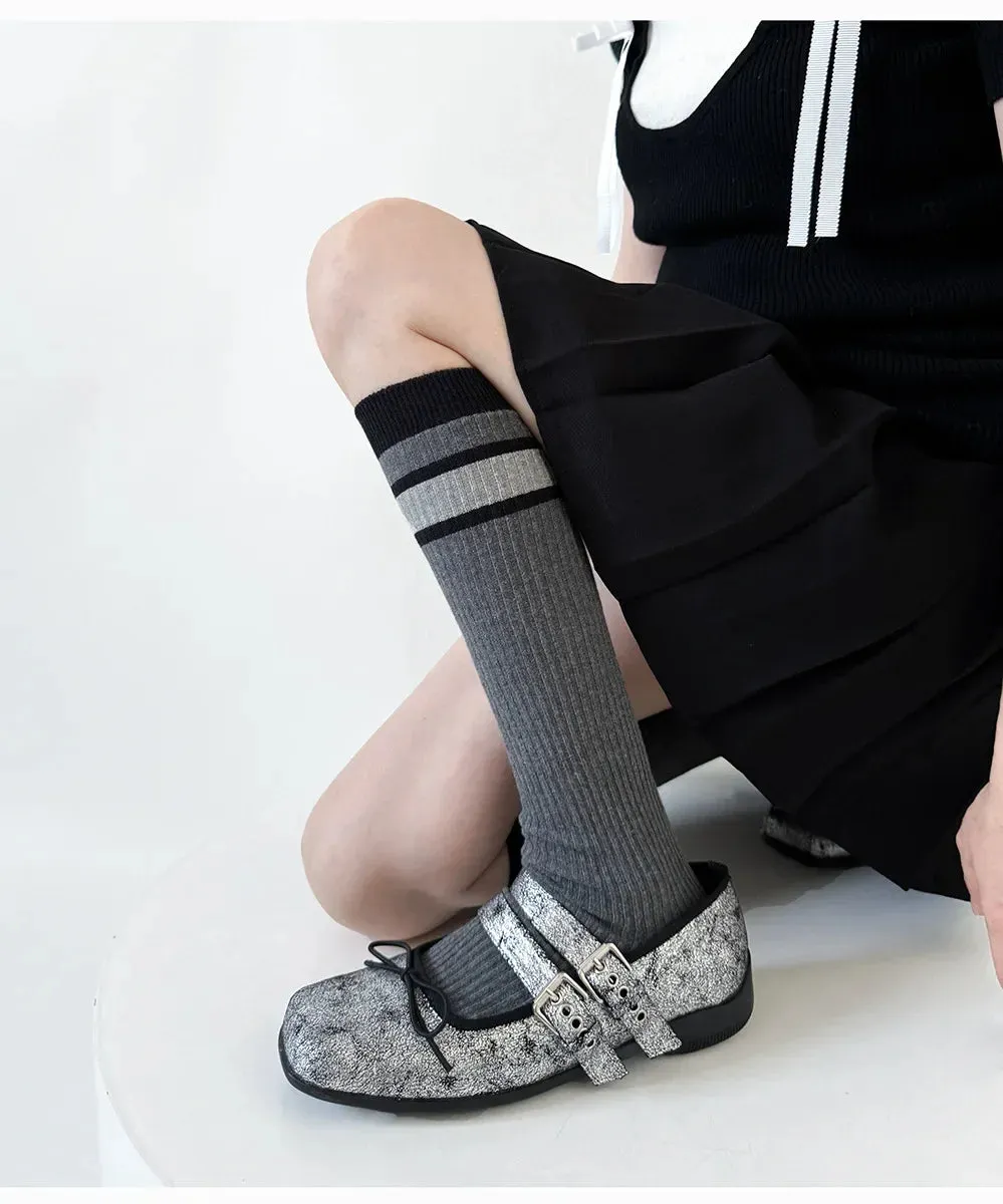 Korean Striped Calf Socks Cotton Colorblocked Knee Socks High Breathable Sport Cycling Mid-calf Socks