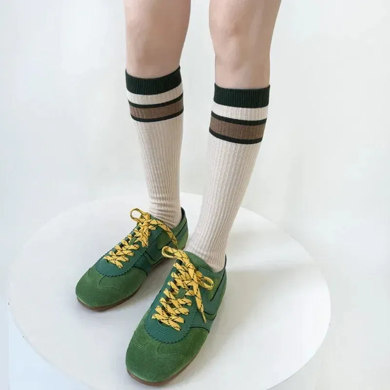 Korean Striped Calf Socks Cotton Colorblocked Knee Socks High Breathable Sport Cycling Mid-calf Socks